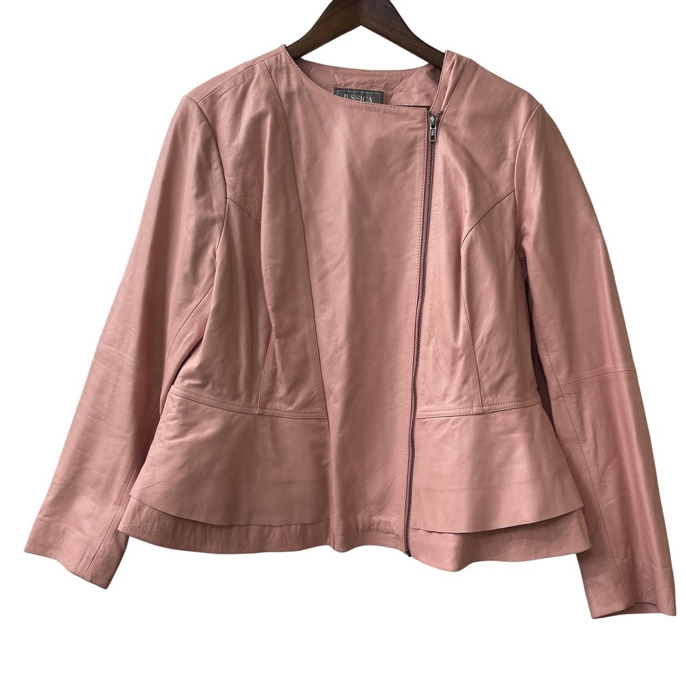 Jessica London Leather Jacket Womens 18W Pink Peplum Asymmetrical Zip Moto Chic‎